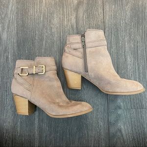 Brown Suede Express Booties with Buckle Detail